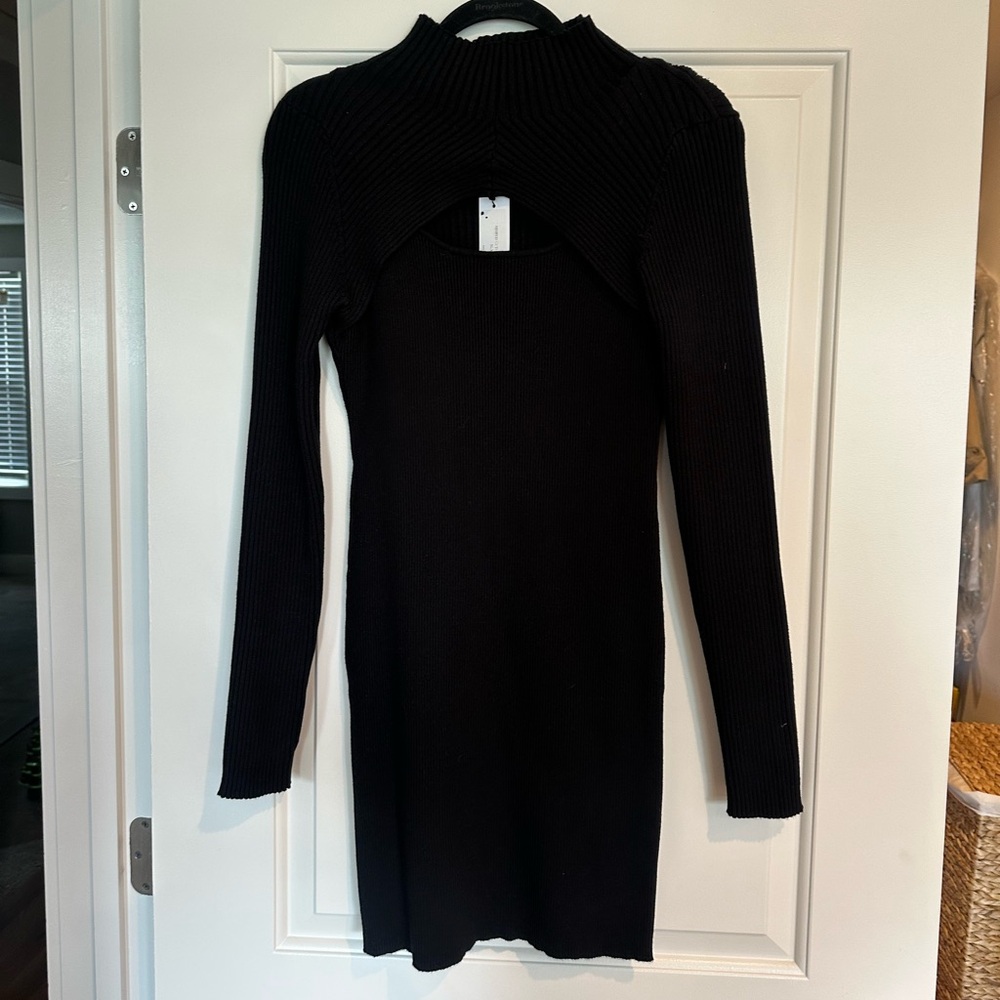 Ribbed Black Bodycon Long Sleeve Sweater Mock Neck Dress